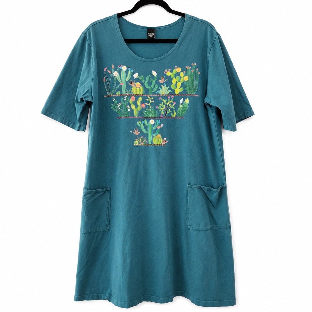 Sabaku Artwear Dress Womens L/XL Blue Cactus Bird Cotton Pockets Casual USA Boho